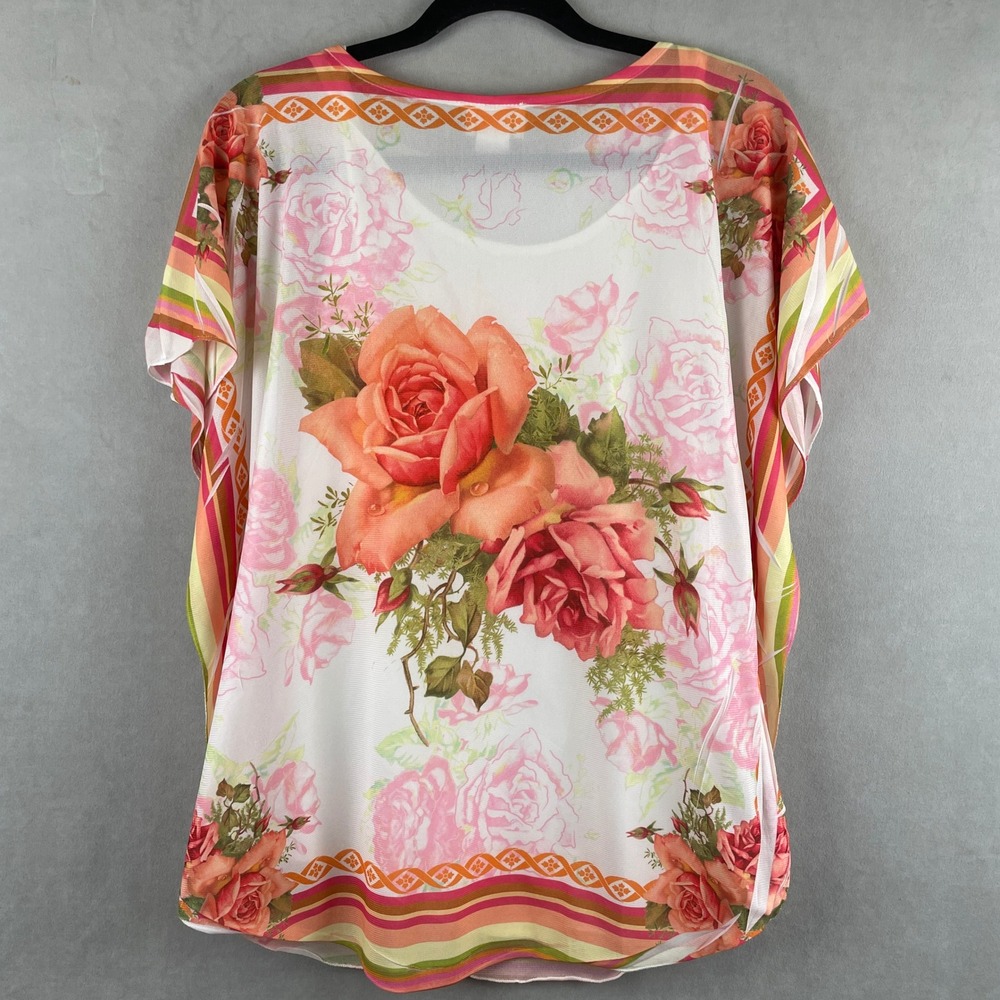 VTG Lavish Floral Rose Print Kaftan Blouse White Pink Orange Striped L USA Made - Picture 2 of 12